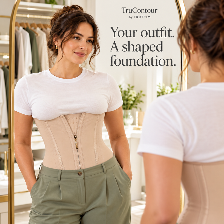 TruContour lifestyle illustration — beige shaper worn over clothing