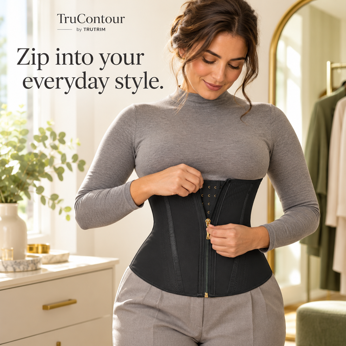 TruContour lifestyle illustration — fastening black shaper over clothing