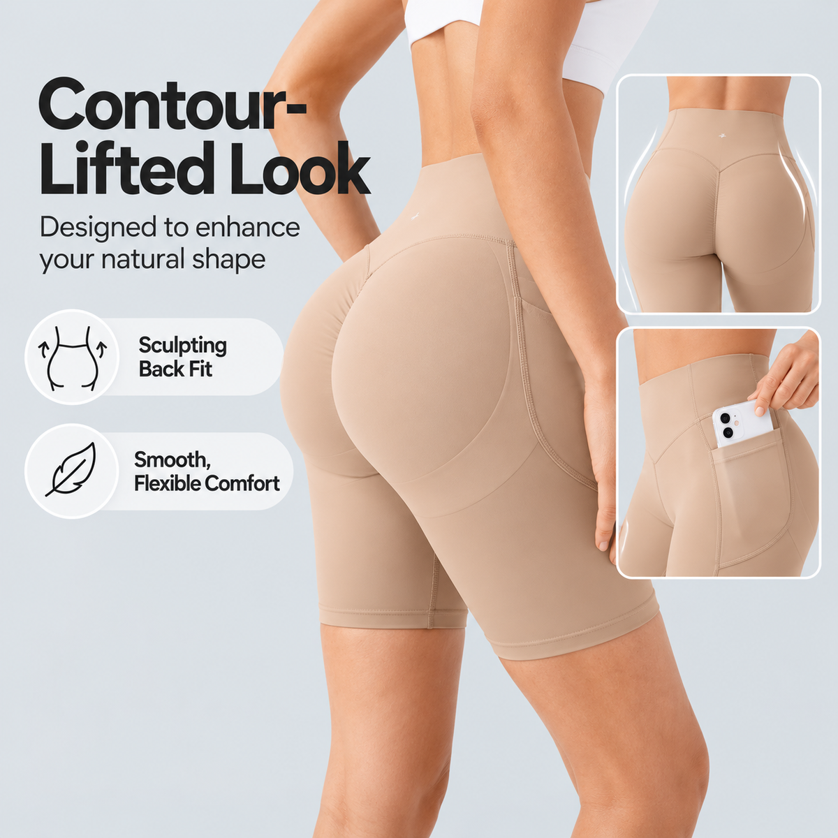 TruShape beige sculpting shorts rear view highlighting contour fit and flexible comfort