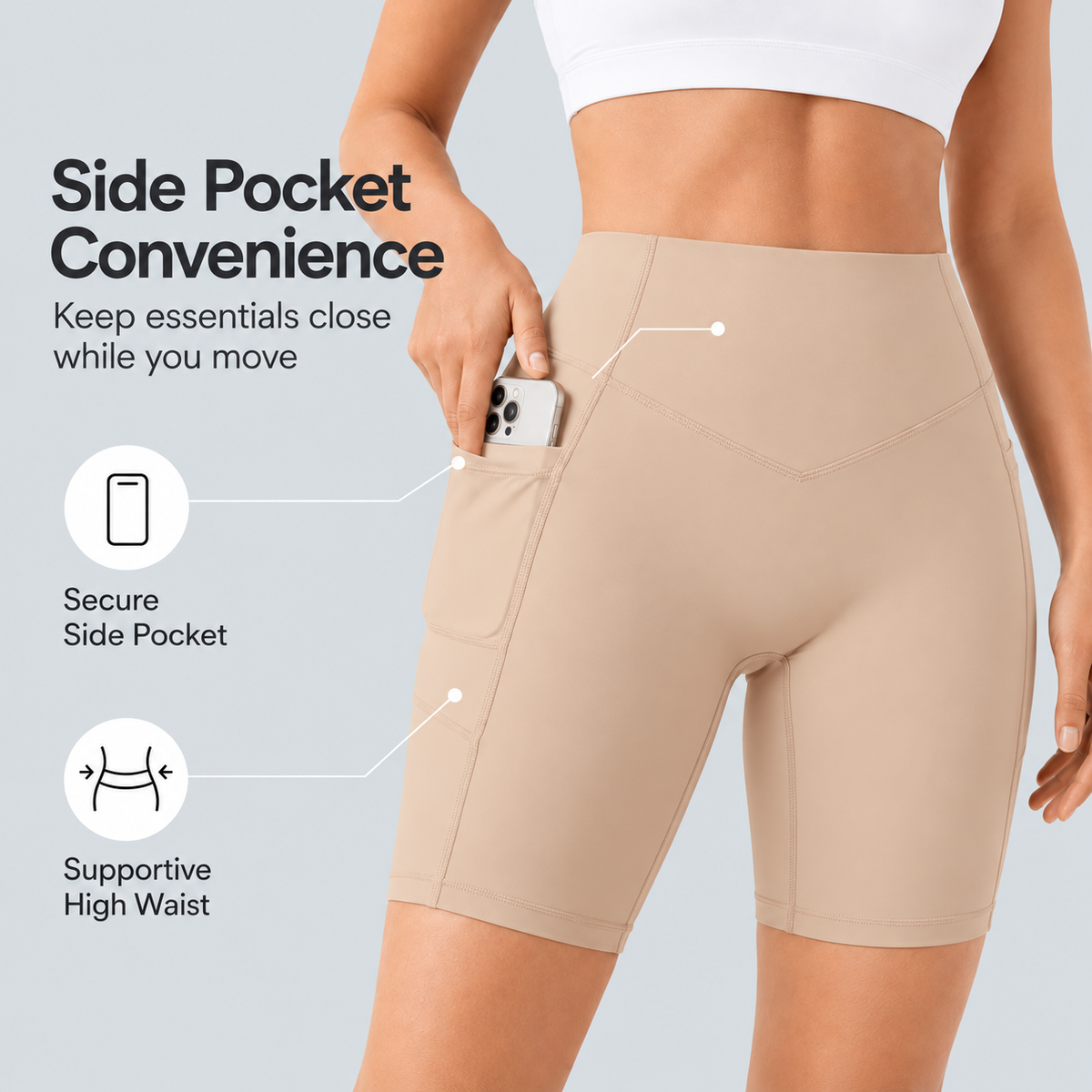 TruShape beige high-waist shorts showing secure side pocket and supportive waistband