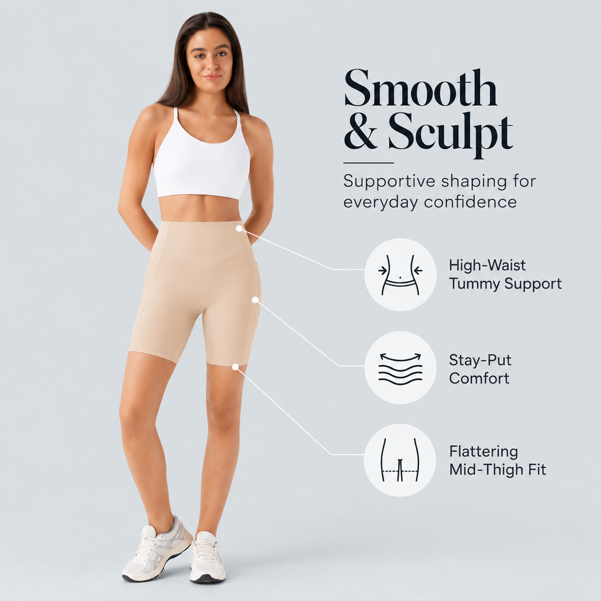 TruShape beige high-waist sculpting shorts with tummy support, stay-put comfort and mid-thigh fit benefits