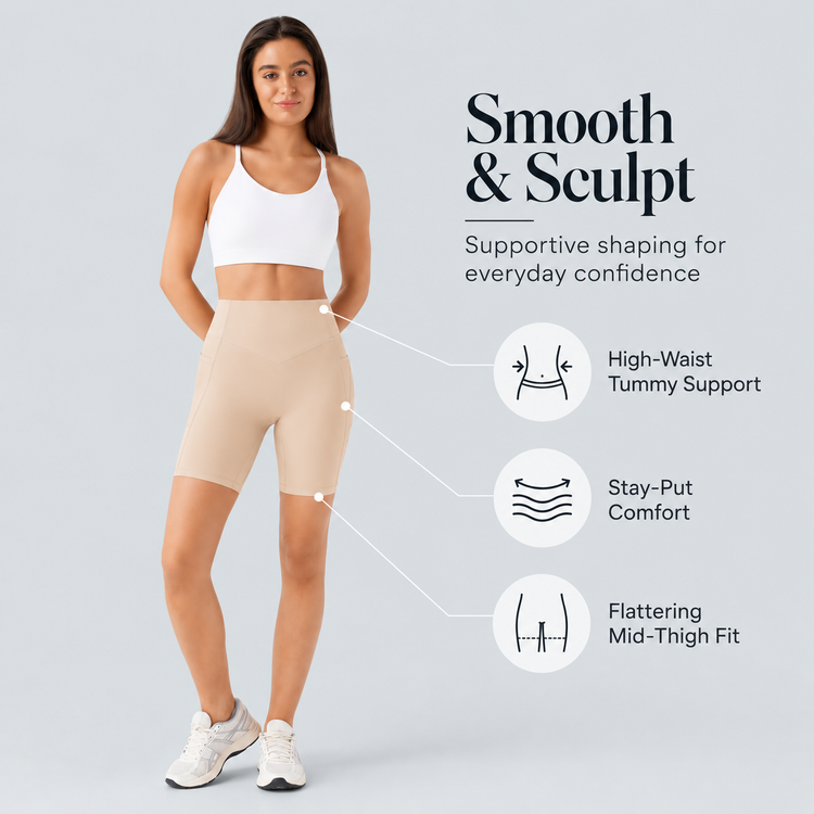 TruShape beige high-waist sculpting shorts with tummy support, stay-put comfort and mid-thigh fit benefits
