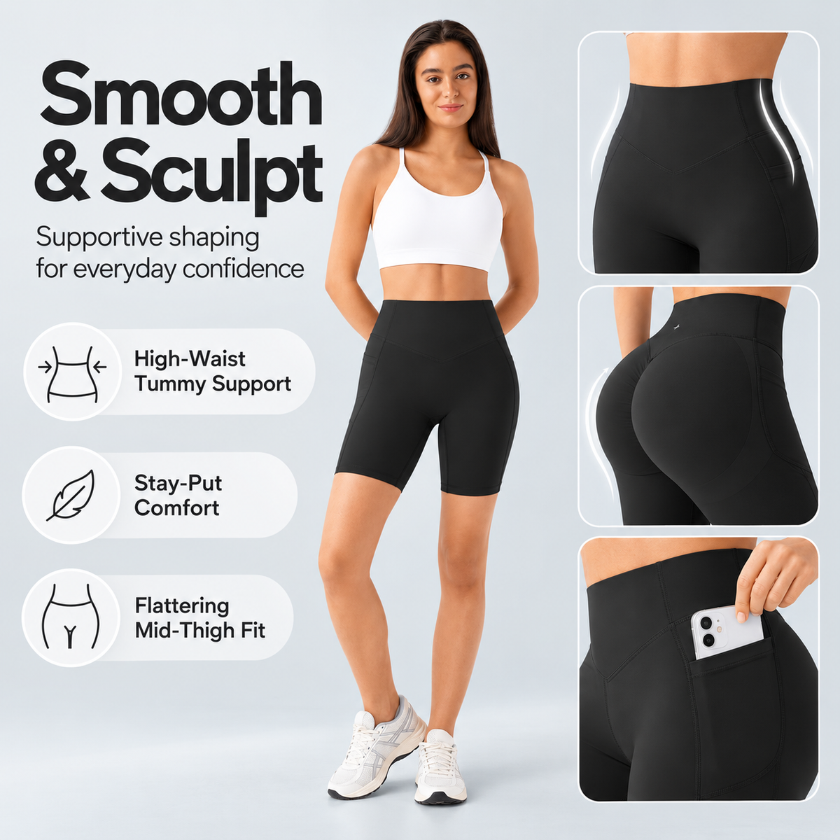 TruShape black sculpting shorts rear view highlighting contour fit and flexible comfort