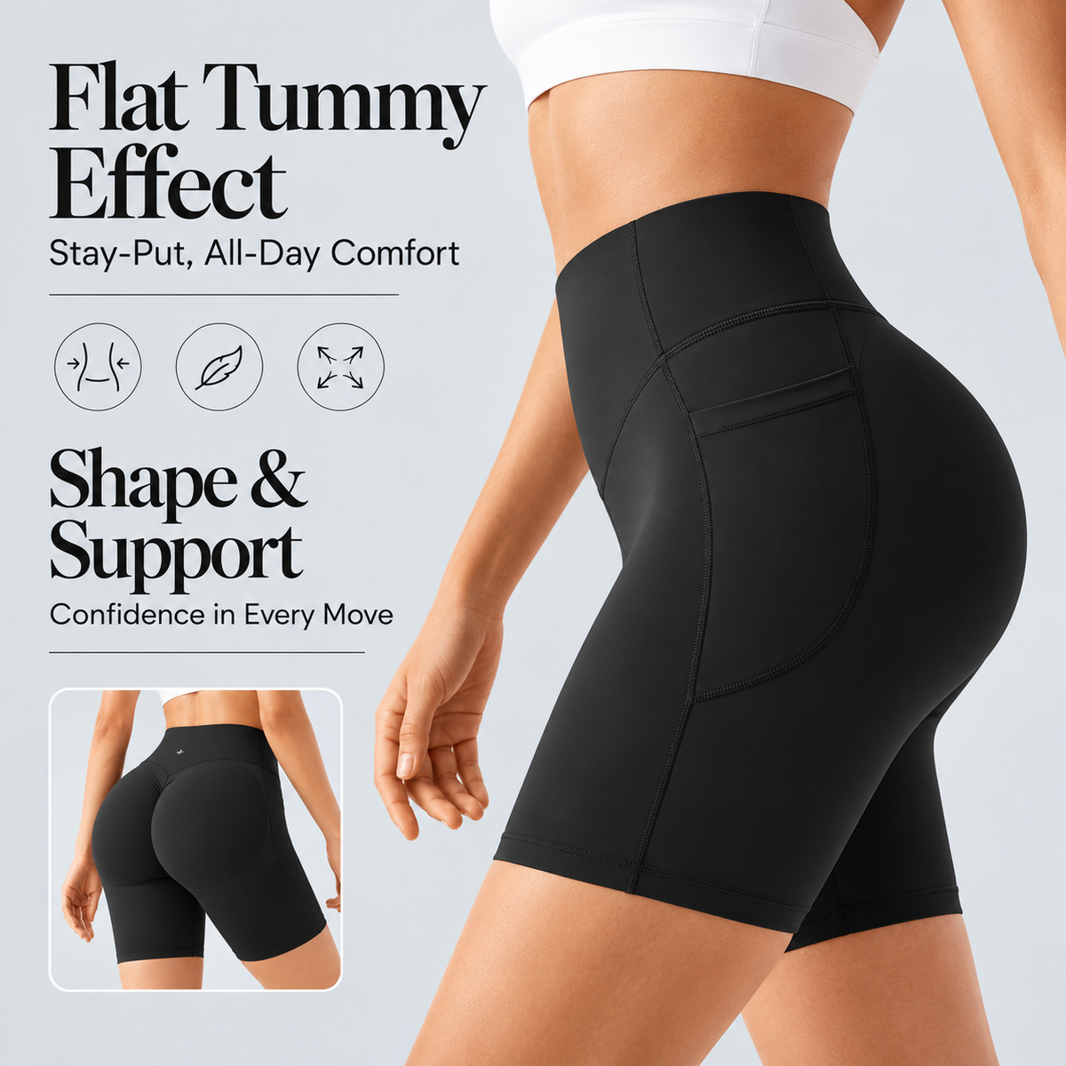TruShape black shaping shorts side view highlighting tummy smoothing and all-day comfort