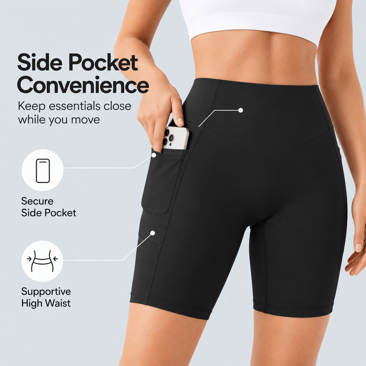 TruShape black high-waist shorts showing secure side pocket and supportive waistband