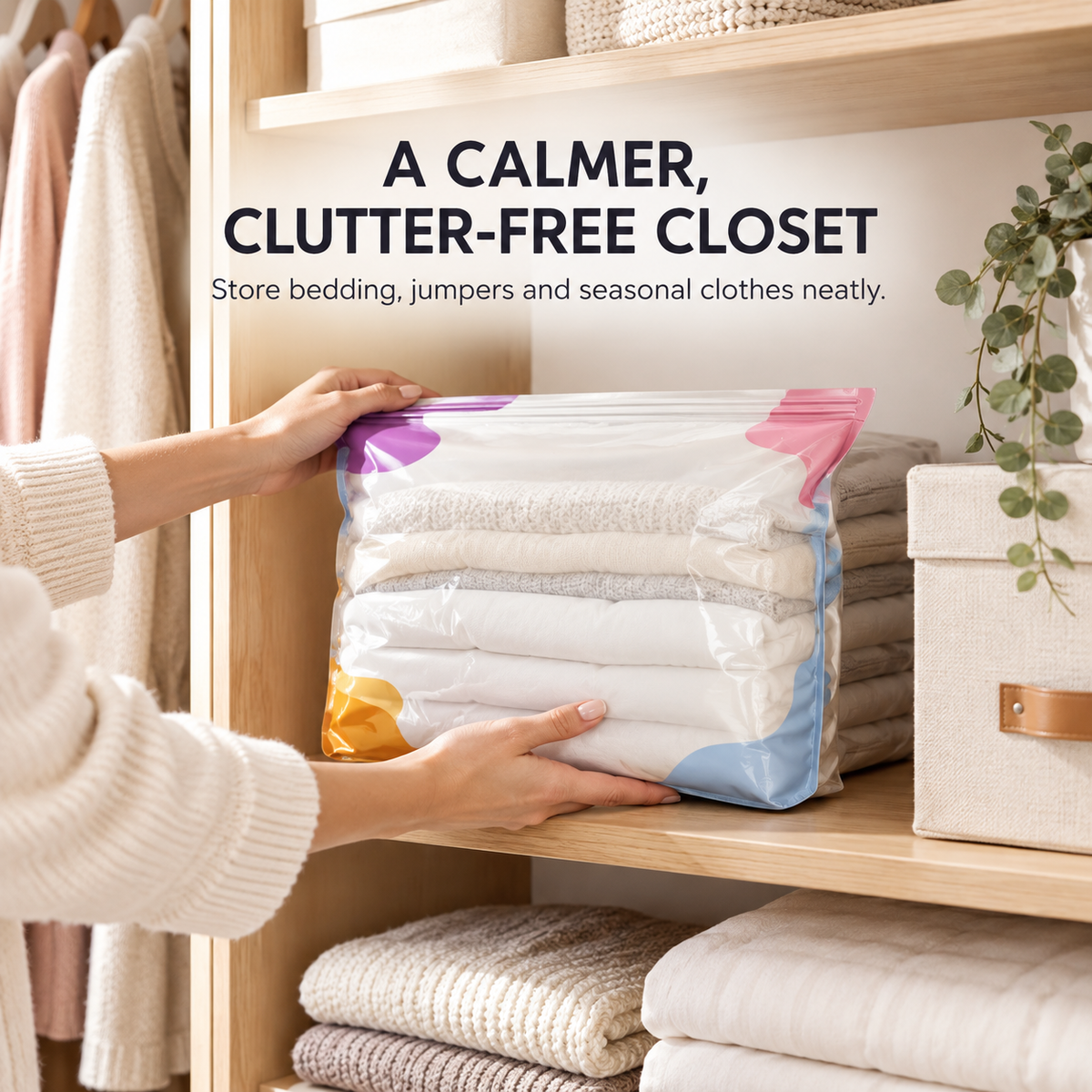 TruTrim no-pump storage bag organising bedding and seasonal clothing in a premium wardrobe