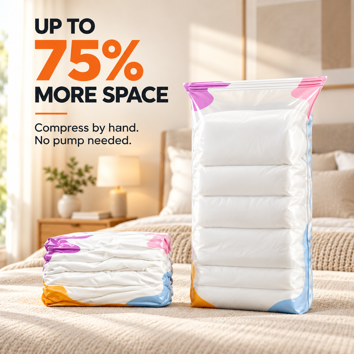 TruTrim no-pump compression storage bag before and after showing up to 75% more storage space
