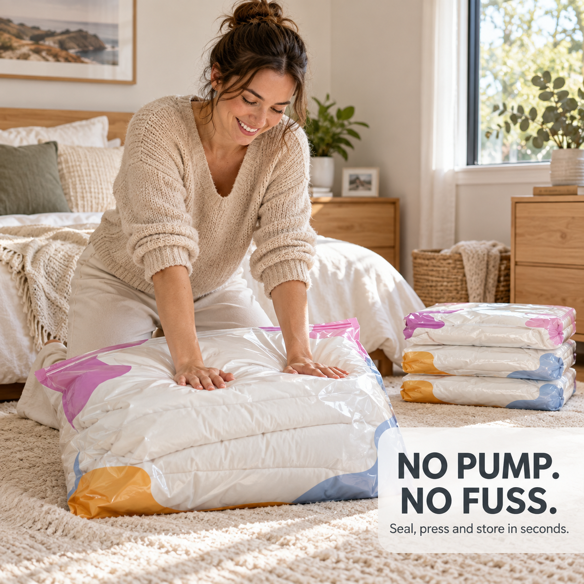 Customer pressing a TruTrim no-pump compression bag by hand in a bright modern bedroom