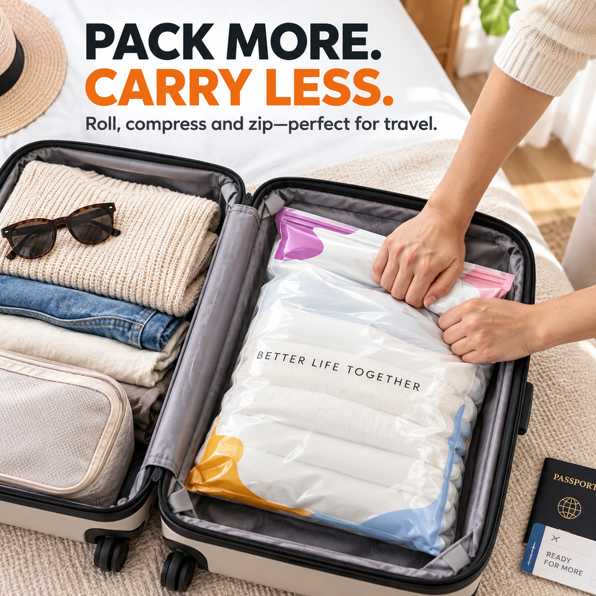 TruTrim no-pump compression bag saving space inside a carry-on suitcase