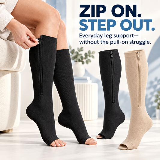 TruTrim ZipEase open-toe zipper compression socks in black and beige