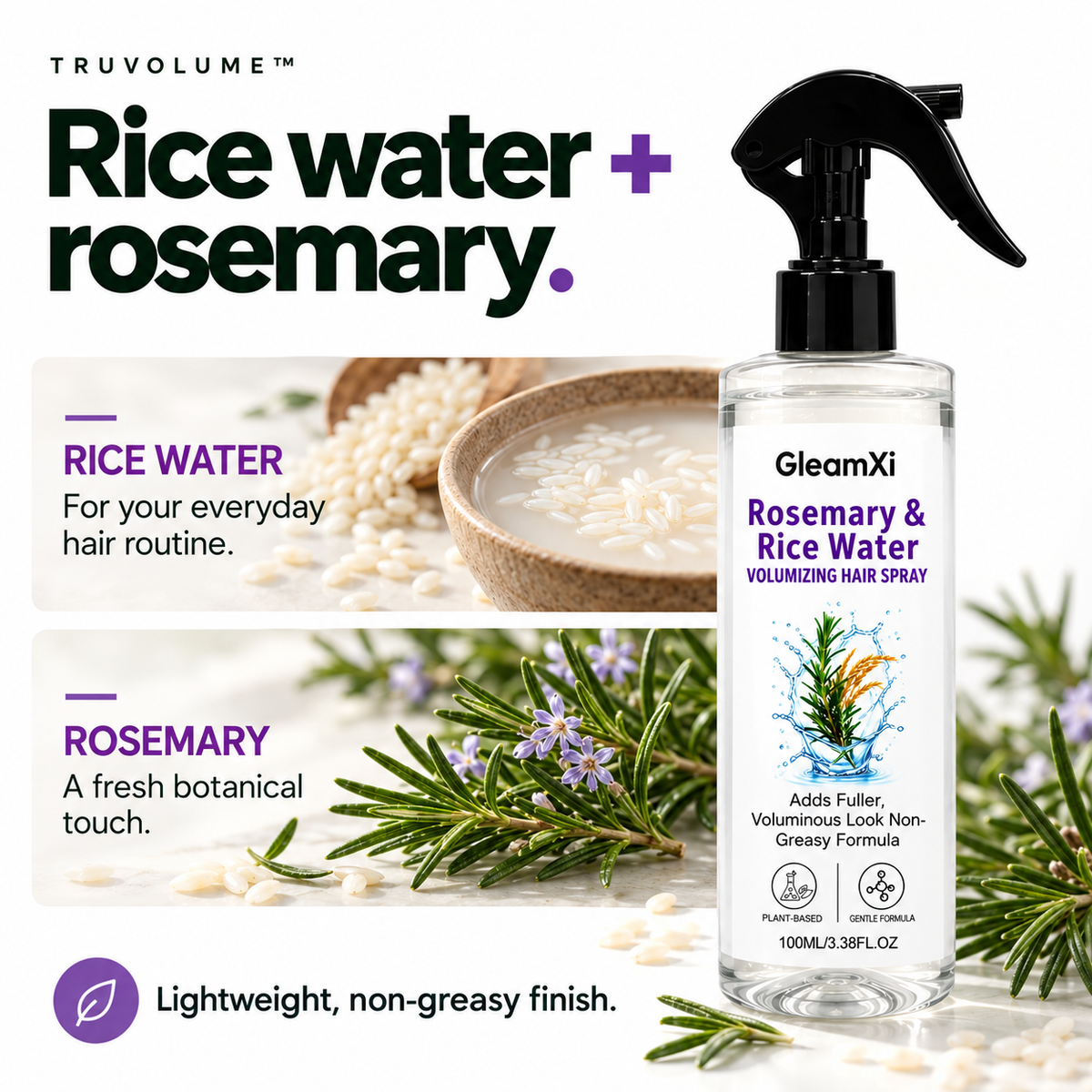 Rice water and rosemary — lightweight non-greasy finish